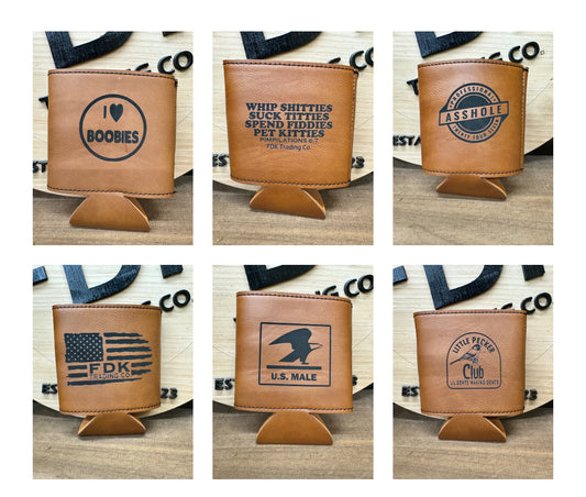 Engraved leatherette can cooler